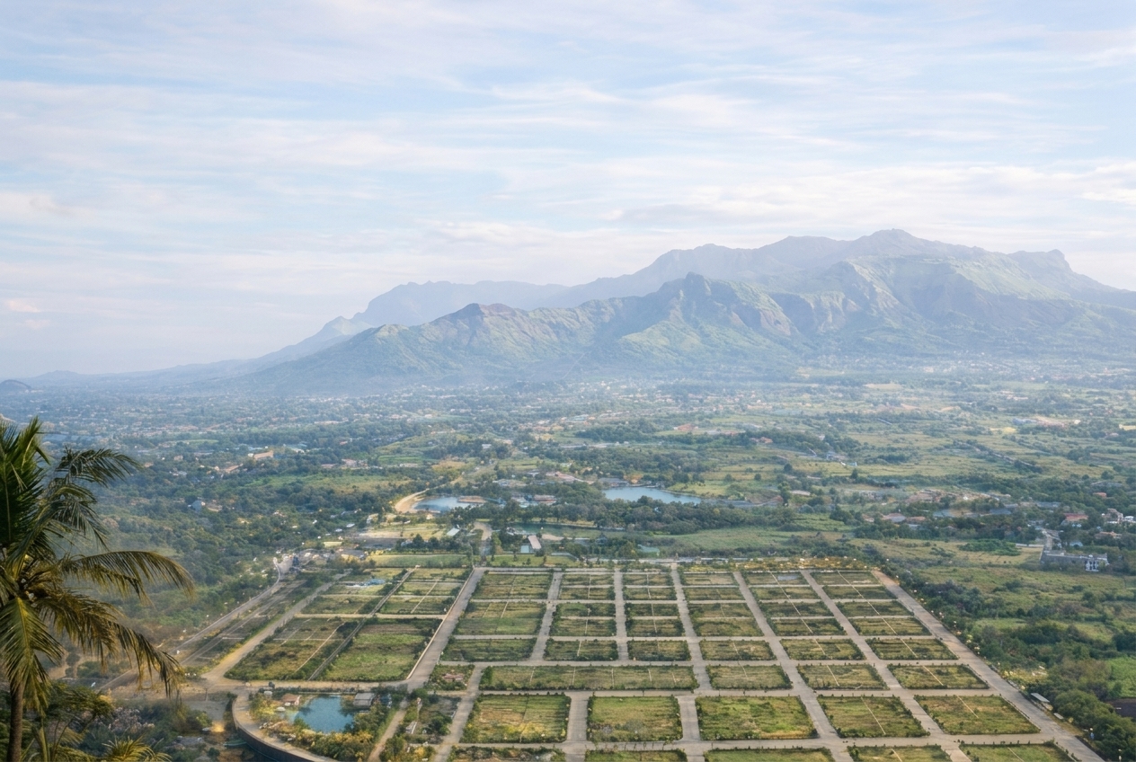 Aerial view of plotted land and hills in Navi Mumbai